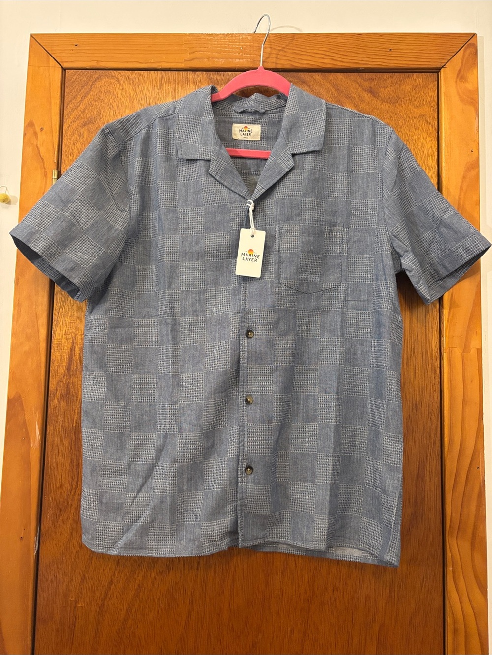 NWT Marine Layer Textured Resort Shirt in 
Indigo Check Short Sleeve Button Down